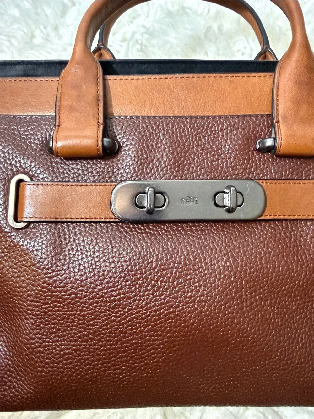 Coach Swagger Saddle & Mahogany Leather Satchel Handbag with Tan Accents medium